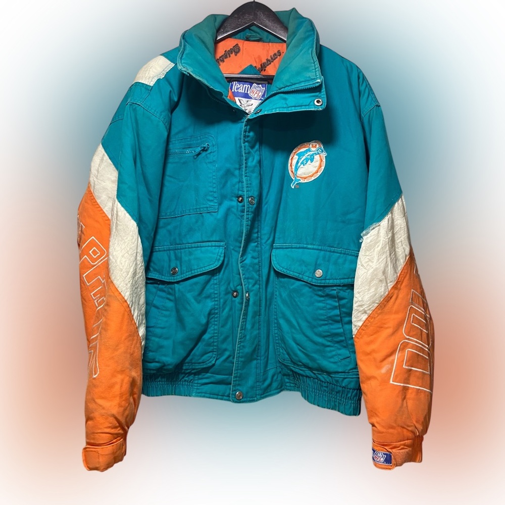 Vintage Miami Dolphins Jacket Size Large Triple FAT Goose Puffer 90s Full Zip
